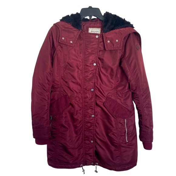 Vintage Y2K Abercrombie & Fitch Burgundy Winter Parka Size M Faux Fur Lined Hood - Picture 1 of 13